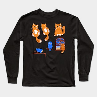 Ginger Cat and Blue Bird Stickers Long Sleeve T-Shirt